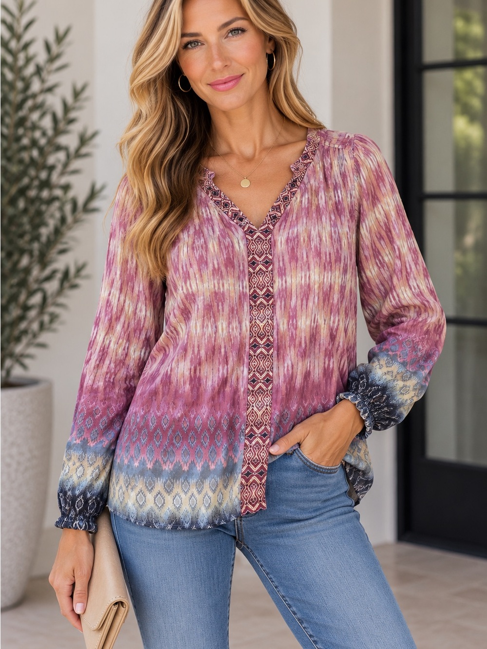 Boho Print V-Neck Blouse in Mauve and Blue